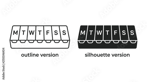 Foto Pill Organizer Comparison: Two pill organizers are shown, one as an outline and the other as a silhouette, each with compartments labeled for each day of the week (Monday through Sunday)
