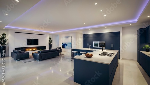 Modern spacious living room and gourmet kitchen with purple ambient mood lighting