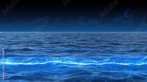 Abstract glowing blue wave crests under a dark night sky with clouds