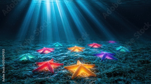 Colorful glowing starfish on the ocean floor illuminated by sunbeams