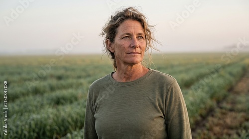 Portrait of a female farmer standing in a green agricultural field at dawn