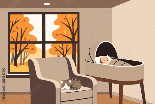 Peaceful nursery scene with a sleeping baby in a cradle and a cat resting on a chair near a window showing autumn trees.