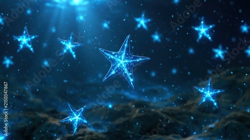 Glowing Blue Starfish Floating in Deep Ocean Water with Light Rays