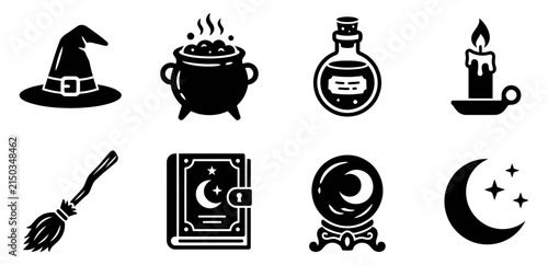 фотографія Set of black witchcraft and magic icons for halloween design