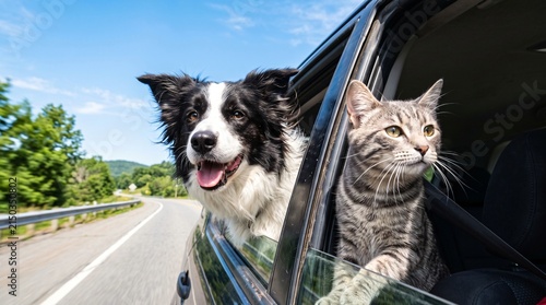 Border Collie and Cat Enjoying Cool Breeze from Car Window