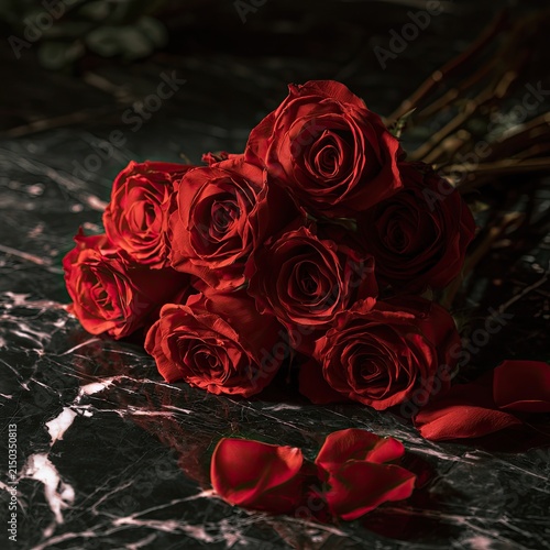 A Dramatic Arrangement of Deep Red Roses on a Marble Surface.