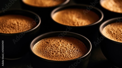 Close-up of freshly baked bread rolls in dark baking molds.
