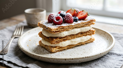 Delicious stack of pancakes with fresh berries and whipped cream on a wooden table