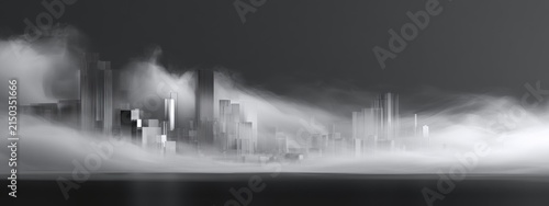 Futuristic Silver Cityscape Flowing Through Mist and White Fog, Evoking Mystery and Modernity in a Dreamlike Scene