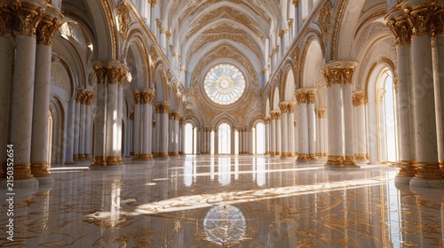 Grand Hall of a Majestic Cathedral with Ornate Architecture and Natural Light.