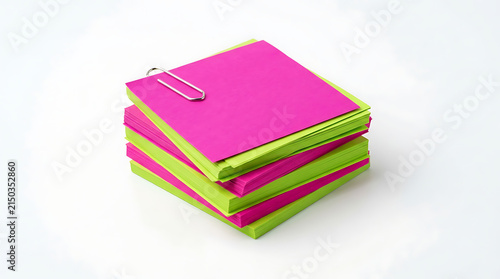 Colorful stack of sticky notes in vibrant pink, orange, and yellow with a pen on top