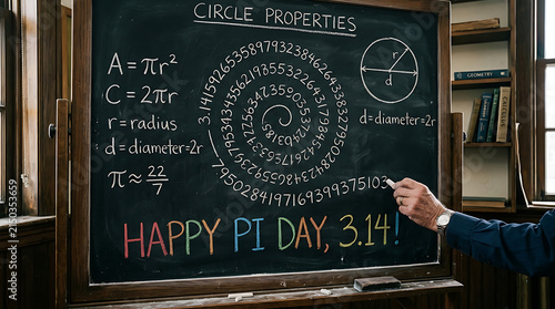 Person writing complex physics equations on a chalkboard in a study room with books and office supplies