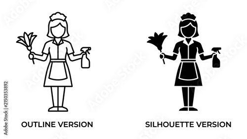 Bild auf Leinwand Housekeeping Service Icon: A dual representation of a cleaner, one in outline and the other in silhouette, holding a feather duster and spray bottle