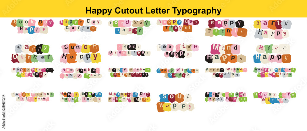 Fototapeta premium Everyday and leisure cutout letter typography for meals, time, and activities keywords: cutout