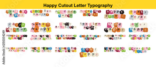 Everyday and leisure cutout letter typography for meals, time, and activities keywords: cutout