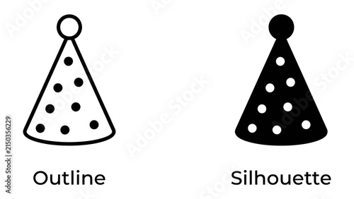 Party Hat Outline and Silhouette: A simple yet festive graphic featuring a party hat in both outline and silhouette form, ideal for invitations and decorations.