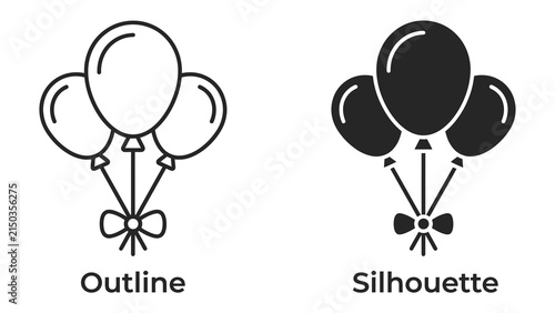 Balloons: Outline and Silhouette icons representing a bunch of balloons tied with a ribbon and bow, suitable for celebrations and party themes.