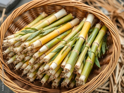 Farm-fresh bundles of dried bamboo shoots in traditional basket, dried, Tianmu Mountain
