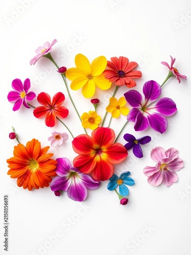 Vibrant blooms in various shapes and arrangements against a plain white background, design, botanical