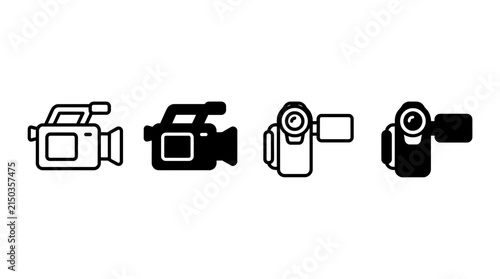 Professional video camera icon set featuring outline and solid silhouettes for filmmaking media production and digital content