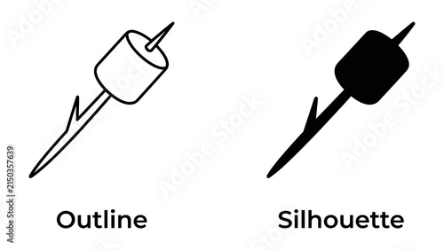 Marshmallow on Stick - Outline and Silhouette: Two graphic representations of a marshmallow skewered on a stick, one as a clean outline and the other as a solid silhouette.