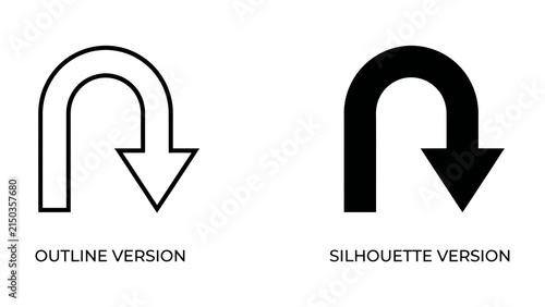 Fotografie U-Turn Symbol: Two graphic representations, an outline and a silhouette, depict a U-turn arrow, symbolizing a reversal or change in direction