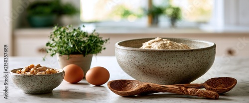 Ingredients for baking or cooking, including eggs, flour, and nuts, on a kitchen counter.