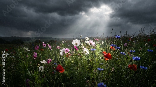 Sunlight breaking through dark storm clouds over a vibrant wildflower meadow.