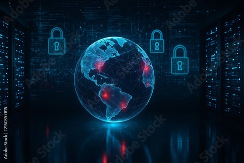 Futuristic Cybersecurity Command Center with Holographic Digital Earth and Global Data Network
