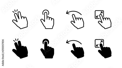 Comprehensive set of hand gesture icons for touch screen navigation including swipe, zoom, and tap interactions