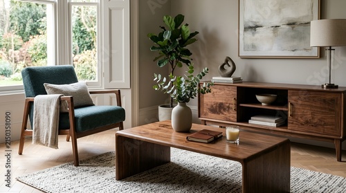 Cozy Living Room with Teal Armchair, Wood Furniture, and Natural Light