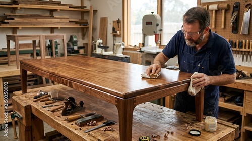 Craftsman varnishing wooden dining table in workshop