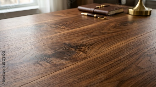 Close up of rich brown wooden desk with notebook and pen, interior office