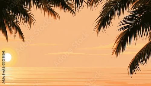 Tropical Sunset Over Calm Ocean with Palm Tree Silhouettes.