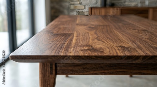 Close-up of a solid wood dining table with natural grain, modern interior