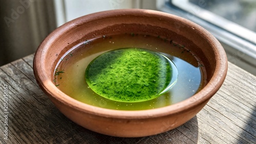 Clear Herbal Broth Soup with Green Oil Floating in a Rustic Clay Bowl