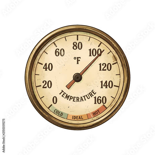 Vintage Analog Fahrenheit Thermometer Gauge Displaying Current Temperature Reading with Marked Range Indicators for Cold Ideal and Hot Conditions Showing Precise Thermal Measurement Tracking