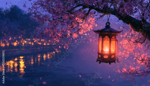 Enchanting Japanese Lantern Illuminated Amidst Cherry Blossoms by Serene Water.