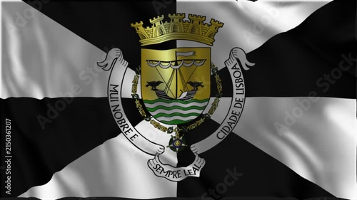 Flag of Lisbon waving slowly in the foreground.