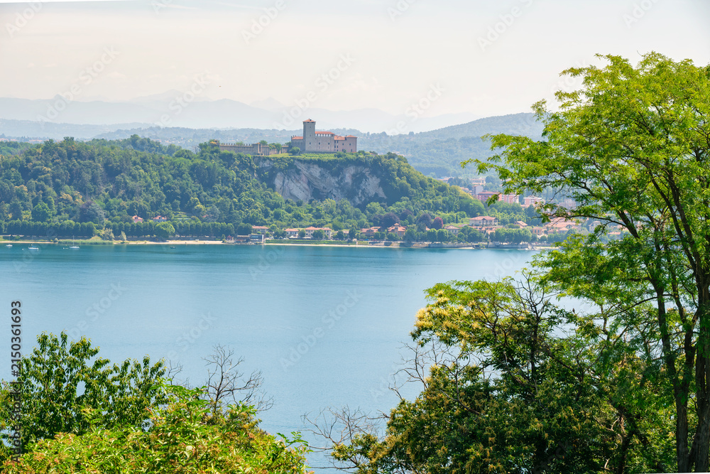 Fototapeta premium Rocca di Angera medieval castle atop cliff overlooking Lake Maggiore