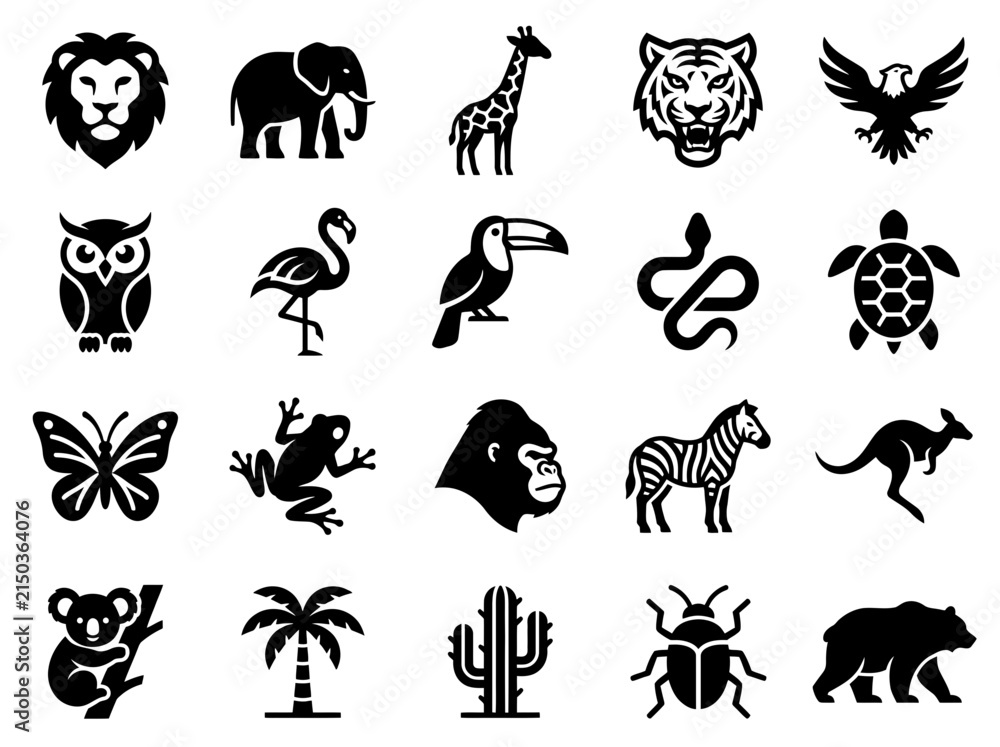 Obraz premium Wild Animal Icons Set Black Silhouette Vector Illustration Collection
