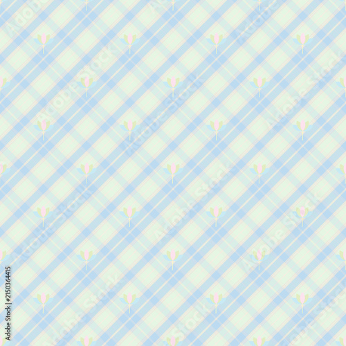 Pastel Blue and Mint Green Diagonal Plaid Seamless Fabric Pattern with Small Pastel Floral Motifs