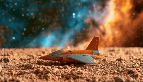 Futuristic Spaceship Toy Rests on Alien Planet Surface.