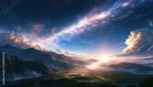 Majestic Sunrise Over Mountainous Landscape with Dramatic Clouds.