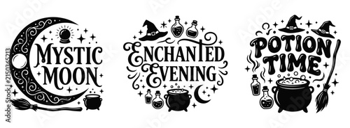 Fotografie Set of three decorative halloween themed typography designs featuring witch hats