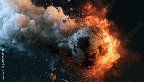 Soccer ball engulfed in fire and water, symbolizing intense competition.