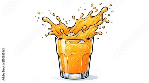 Dynamic pop art illustration of a splashing glass of orange juice with ice cubes and flying droplets.