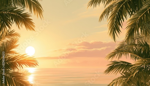 Tropical Sunset Over Calm Ocean Framed by Palm Leaves.