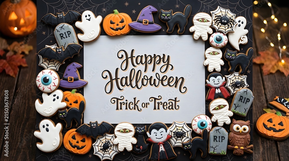 Fototapeta premium Halloween cookie frame with happy halloween and trick or treat text