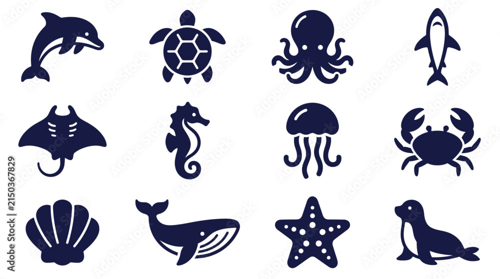 Fototapeta premium Icon Set of Various Marine Life Species Including Dolphin Turtle Octopus Shark Ray Seahorse Jellyfish Crab Seashell Whale Starfish and Seal A1
